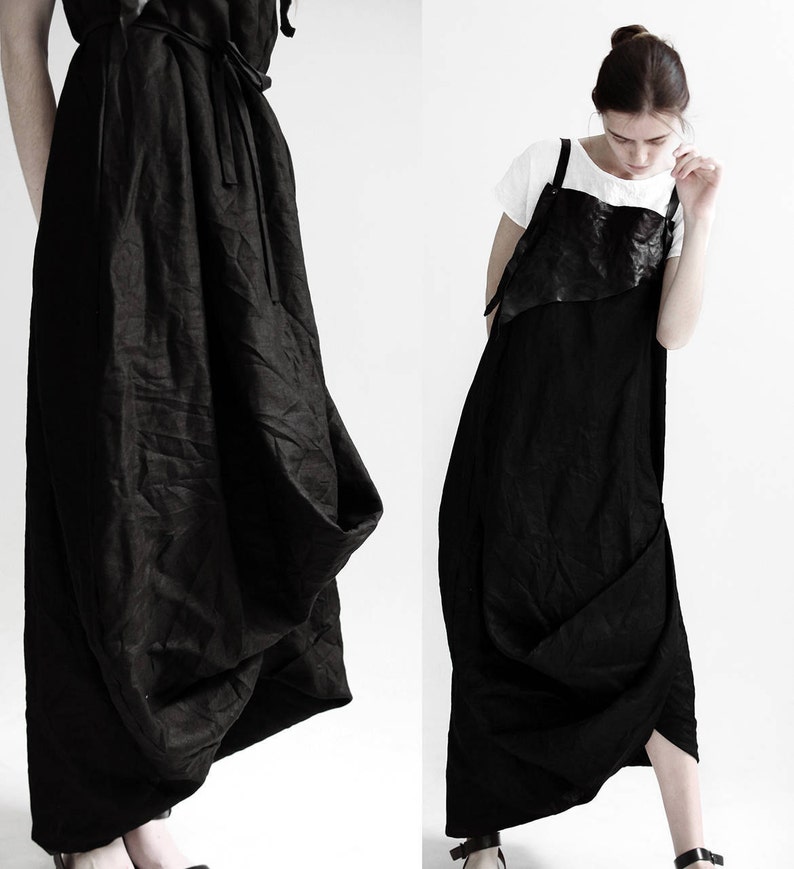 Avant-garde linen dress with leather top deconstructed linen dress futuristic jumpsuit cyberpunk dresspost-apocalyptic dressburning man