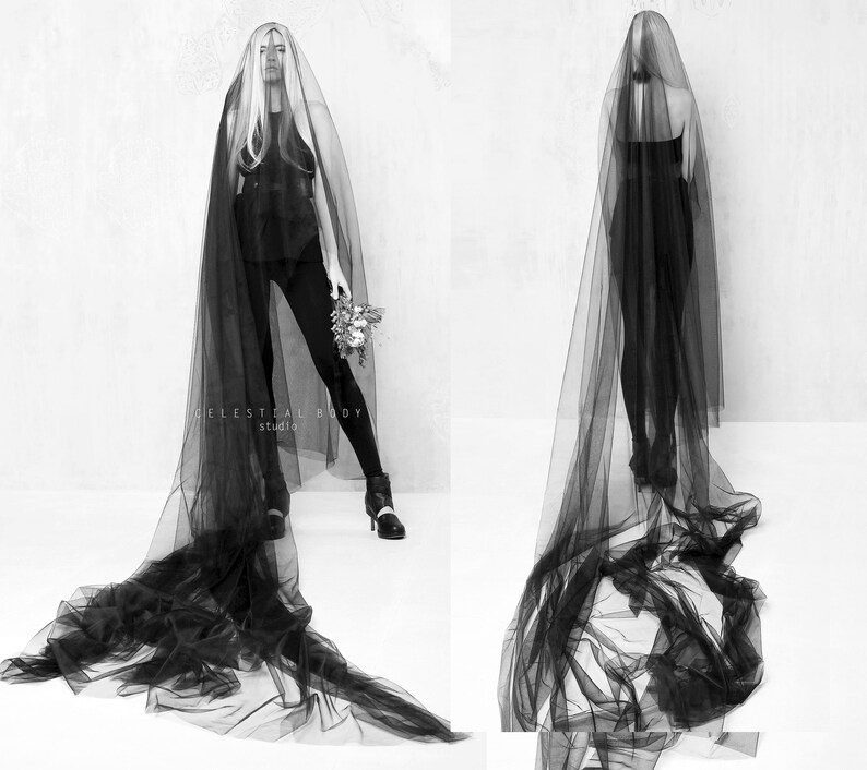 Gothic Black Wedding Veil With Blusher Black Bridal Veil Avant Etsy