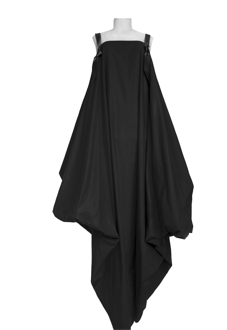 Avant garde pnafore dress with leather straps Lagenlook dress Deconstructed dress Black apron dress High low dress Black overall dress