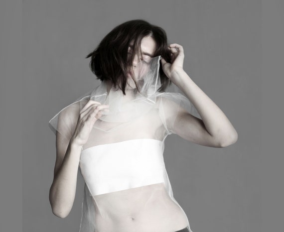 White Tulle Blouse White Mesh Top Tulle Bridal Topper White  