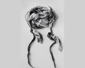 Avant garde scarf. Unique artisan hand made silk chiffon scarf with leather elements. Bohemian art scarf. Wearable art scarf