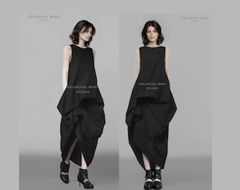 May include: A sleeveless black dress with a high neckline and a voluminous, draped skirt featuring an asymmetrical hemline. The garment displays the text Celestial Body Studio in small lettering on the upper left and center of the fabric.