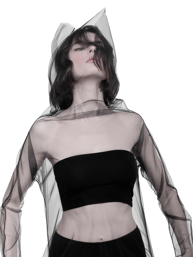 Black Mesh turtleneck top Tulle top Avant Garde top Long sleeve sheer turtleneck top Futuristic Cyberpunk top High neck Transparent t-shirt image 7