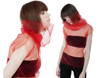 Red sheer mesh top Red tulle top Sheer turtleneck top Avant-garde shirt Rave Top Futuristic clothing Rave Festival Club wear fishnet top