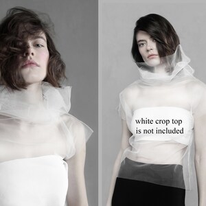 May include: A white sheer top with a high neck and short sleeves. The top is made of a lightweight, translucent fabric. The text "white crop top is not included" is printed on the front of the top.