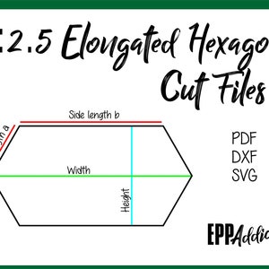 May include: Diagram of an elongated hexagon with labels for side length a, side length b, width, and height. The text "1:2.5 Elongated Hexagon Cut Files" is at the top of the image. The text "PDF, DXF, SVG" is on the right side of the image. The text "EPPAddict" is at the bottom right of the image.