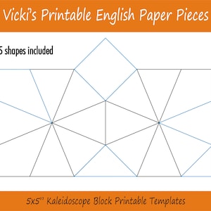 May include: A printable template for a 5 inch by 5 inch kaleidoscope block. The template includes five different shapes, with black and blue lines forming a geometric pattern.