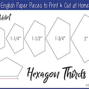 Op de afbeelding: Een printbare sjabloon voor hexagon-derde-papierpatchwork. De sjabloon bevat zes verschillende maten hexagons, variërend van 1 inch tot 2 inch. De sjabloon is gelabeld "Hexagon Thirds" en bevat de hashtag "#DLHexThirds1-2".