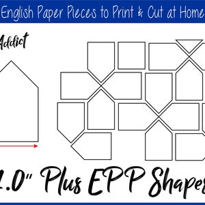 Pode incluir: Desenho de linha preto e branco de formas EPP de mais de 1 polegada para acolchoar. As formas incluem uma casa, um diamante e uma variedade de outras formas geométricas. O texto "1.0" Plus EPP Shapes" está escrito abaixo das formas.