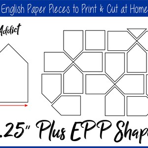 Pode incluir: Peças de papel imprimíveis em preto e branco para English Paper Piecing (EPP). As formas medem 1,25 polegadas e incluem uma variedade de formas geométricas. O texto "EPPAddict" e "1,25" Plus EPP Shapes" está incluído na imagem.