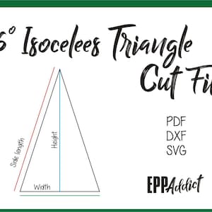 May include: Diagram of a 36 degree isosceles triangle with labels for side length, height, and width.  The text "36° Isosceles Triangle Cut Files" is at the top of the image.  The text "PDF, DXF, SVG" is below the triangle.  The text "EPPAaddict" is at the bottom of the image.