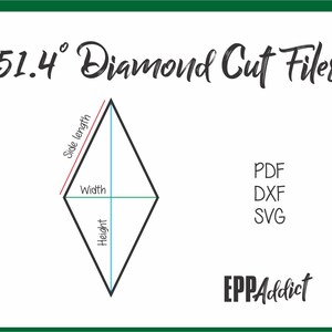 Könnte beinhalten: Eine Schwarzweißillustration einer Diamantform mit Linien, die Seitenlänge, Breite und Höhe angeben. Der Text "51.4° Diamond Cut Files" befindet sich über dem Diamanten. Der Text "PDF, DXF, SVG" befindet sich rechts neben dem Diamanten. Der Text "EPPAddict" befindet sich am unteren Rand des Bildes.