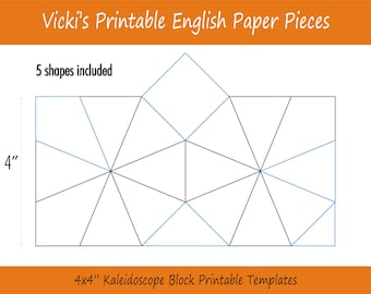 May include: A printable template for a 4x4 inch kaleidoscope block. The template includes 5 shapes, including a diamond, a square, and a triangle. The template is printed on white paper and has black and blue lines.