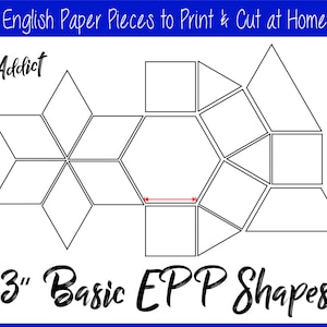 Può includere: Disegno in bianco e nero di forme base per il patchwork inglese, tra cui un esagono, una stella e una varietà di triangoli. Le forme sono etichettate "3" Basic EPP Shapes" e "#DLBS3".