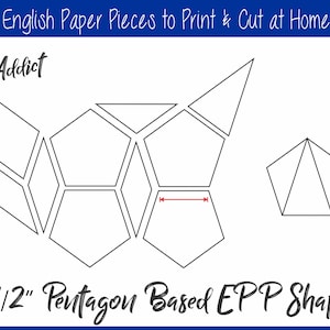 May include: A printable set of 1-1/2 inch pentagon-based English Paper Piecing (EPP) shapes. The shapes include a hexagon, a pentagon, and a triangle. The shapes are designed to be printed and cut out at home.