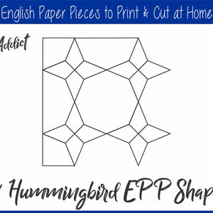 Puede incluir: Un dibujo en blanco y negro de una forma EPP de colibrí de 1 pulgada, con el texto "EPPAddict" y "1" Hummingbird EPP Shapes" en la página.