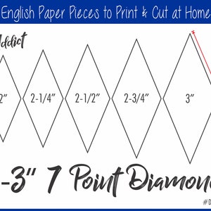 Peut inclure: Un modèle imprimable de formes de diamants à 7 points de différentes tailles, allant de 5 à 7,6 cm. Le modèle est intitulé "2-3" 7 Point Diamonds" et "#DLDia51.2".