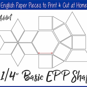 Puede incluir: Dibujo en blanco y negro de formas de patchwork inglés para un bloque terminado de 3,2 cm. Las formas incluyen un hexágono, cuadrados y triángulos. El texto "EPPAddict" y "1-1/4" Basic EPP Shapes" está incluido en la imagen.
