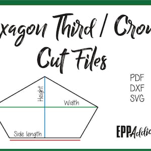 Peut inclure: Diagramme d'un hexagone avec des étiquettes pour la hauteur, la largeur et la longueur du côté. Le texte "Hexagon Third / Crown Cut Files" est en haut de l'image. Le texte "PDF, DXF, SVG" est à droite de l'image. Le texte "EPPAaddict" est en bas à droite de l'image.