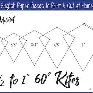 Pode incluir: Diagrama mostrando como cortar formas de pipa de 60 graus de papel. As formas são etiquetadas com medidas em polegadas, que variam de 1/2 polegada a 1 polegada. O texto "1/2 to 1" 60° Kites" está escrito abaixo das formas. O texto "#DL60Kite1/2-1" está escrito no canto inferior direito.