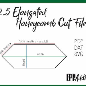 May include: Diagram showing the dimensions of an elongated honeycomb shape. The shape is a hexagon with a longer side length labeled "Side length b = a x 2.5" and a shorter side length labeled "Side length a". The diagram also shows the height and width of the shape. The text "1:2.5 Elongated Honeycomb Cut Files" is at the top of the diagram. The text "PDF, DXF, SVG" is on the right side of the diagram. The text "EPPAddict" is at the bottom of the diagram.