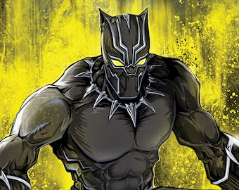 May include: Black Panther, a superhero, stands in a crouched position with his claws extended. He is surrounded by a yellow and black background with a shadowy image of a panther's face in the background.