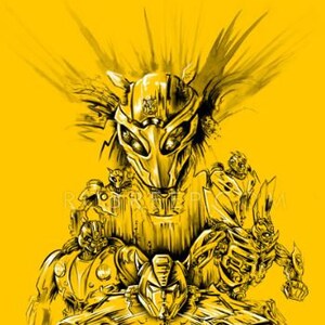 May include: A black and white illustration of a group of robots, some in vehicles, on a yellow background. The robots are in various poses, some are fighting, some are driving, and some are standing. The illustration is in a cartoon style.