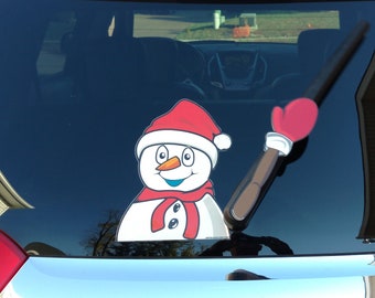Chilly the Snowman Waving WiperTags decal attach to rear wiper blade and window. Detachable, interchangeable, weather resistant. Made in USA