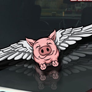 Flying Inspirational Pig WiperTags attach to rear vehicle wiper blades. Detachable, interchangeable, and weather resistant. Made in the USA.
