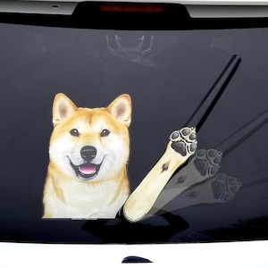 Shiba Inu Dog WiperTags decal and paw attach to rear wiper blades. Detachable, interchangeable, and weather resistant. Made in the USA.
