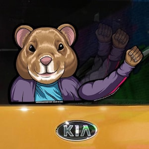 Hamster Waving WiperTags decal and arm attach to rear vehicle wiper blades. Detachable, interchangeable, weather resistant. Made in the USA.