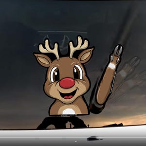 Waving Red Nose Reindeer WiperTag decal and arm attaches to rear wiper blades. Detachable, interchangeable, weather resistant. Made in USA.