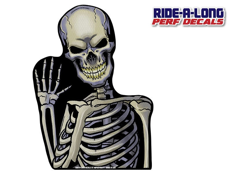 Skeleton Ride Decal RIDE A LONG Skeleton Waving Perforated Laminated Car Semi Transparent ...