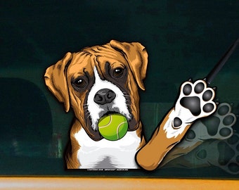 Ike the Waving Boxer WiperTags decal and paw attach to rear wiper blades. Detachable, interchangeable, weather resistant. Made in the USA.
