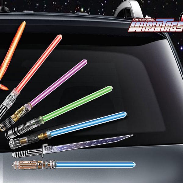 ORIGINAL WipeSabers Reflective Light Saber (in 6 colors/styles) attach to rear vehicle wiper blades.  Universal size fits most rear wipers.