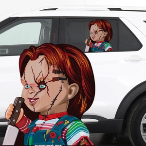 RIDE A LONG Child Doll Killer Perforated Laminated Car Window Semi Transparent Decal Riding in Backseat. Weather resistant and removable.