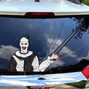 Terrifying Clown Killer WiperTag decal and arm attaches to rear wiper blades. Detachable, interchangeable, weather resistant. Made in USA.