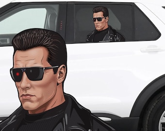 Terminator T2 USA Ride-A-Long Perf Laminated 12" Car Window Semi Transparent Decal Riding in Backseat. Weather resistant and removable.