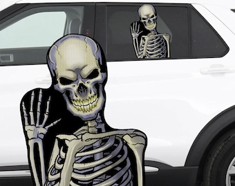 RIDE A LONG Skeleton Waving Perforated Laminated Car Semi Transparent Decal for Backseat Window. Weather resistant and removable.