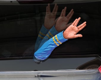 Live Long Defroster Spock waving arm WiperTags attach to rear vehicle wiper blades. Detachable, interchangeable, weatherproof. Made in USA.