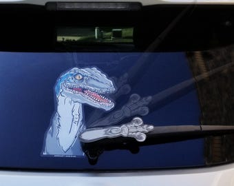 Velociraptor Dinosaur WiperTag decal and arm attaches to rear wiper blades. Detachable, interchangeable, weather resistant. Made in the USA.
