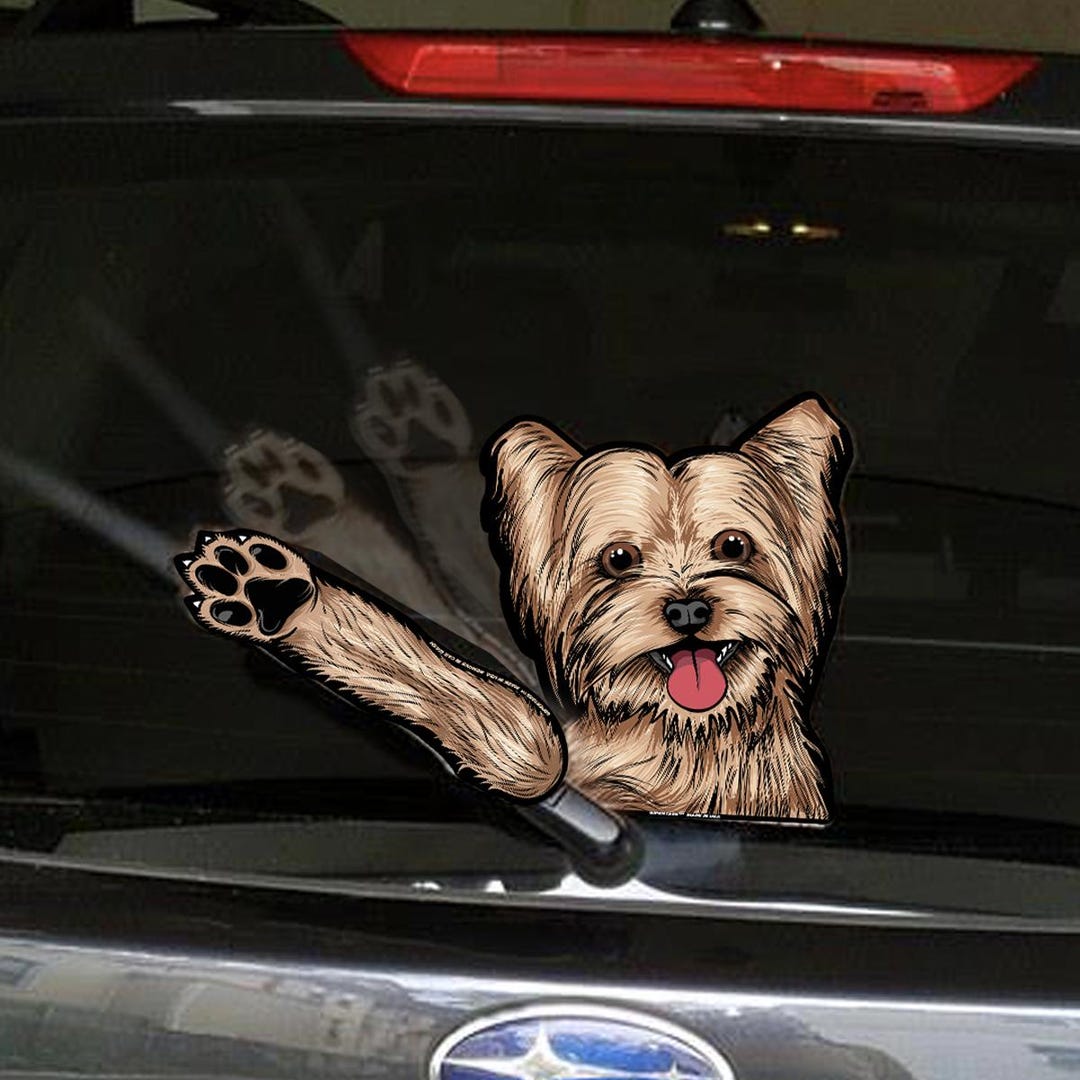Sophie Mae Yorkie Waving Dog Wipertags Decal + Paw Attach to Rear Wiper ...