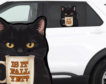 RIDE A LONG Black Cat Is It Fall Yet? Mug Perforated Laminated Car Semi Transparent Decal for Backseat Window. Weather resistant, removable.