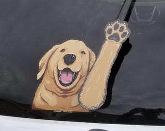 Bailey Golden Retriever Waving WiperTag decal and paw attach to rear vehicle wiper blades. Detachable, interchangeable, weather resistant.