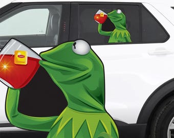 RIDE A LONG Kermie Sippin Tea Perforated Laminated Car Semi Transparent Decal for Backseat Window. Weather resistant and removable.
