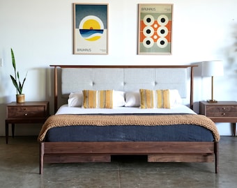 Walnut Platform Bed With Upholstered / Mid Century Modern Solid Wood Bed Frame With Storage / Modern Wood Bed Frame