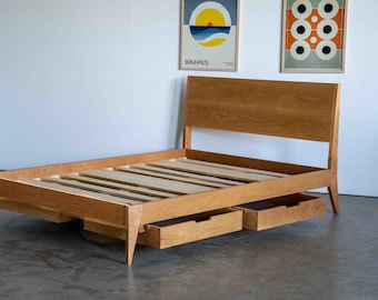 Mid Century Modern Platform Storage Bed Storage optional / Bed No.2 / Solid Wood Platform Minimalist Design
