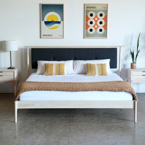Upholstered Headboard Bed: Solid Wood Platform, Mid Century Modern