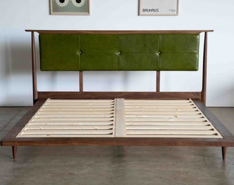 Mid Century Modern Platform Bed Frame Storage Optional / Leather Upholstered Headboard