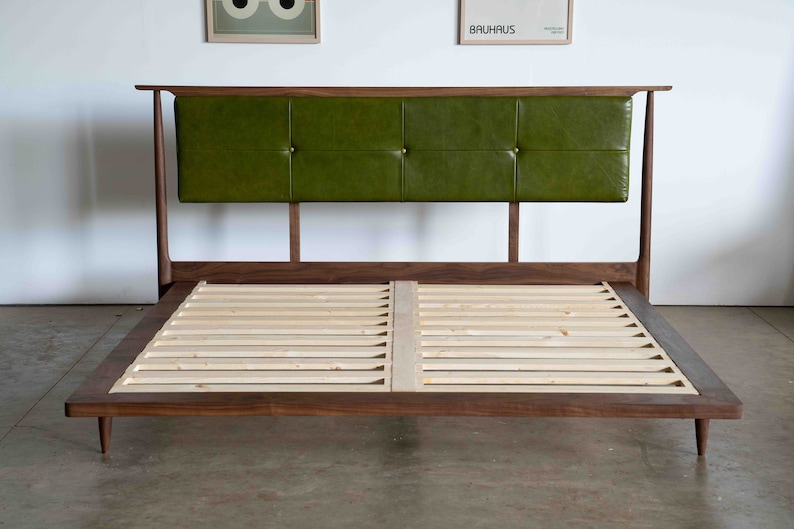 Mid Century Modern Platform Bed Frame Storage Optional / Leather Upholstered Headboard image 1